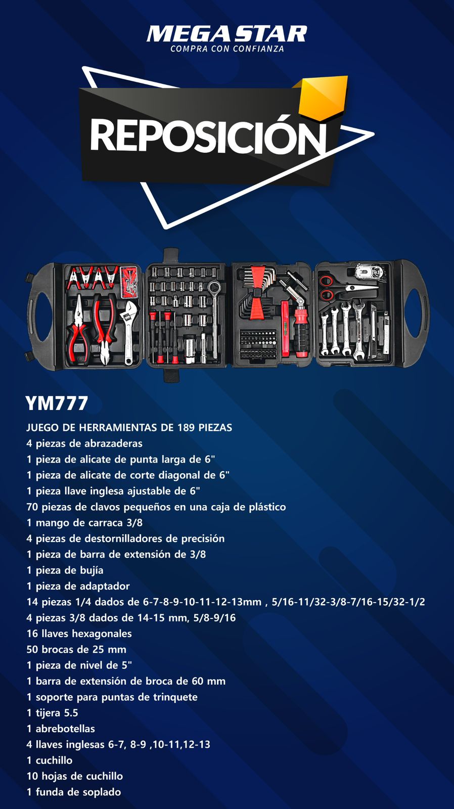 KIT HERRAMIENTAS 189 PZ. YM777 Mega Star